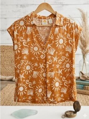 C&C California Sun Motif v neck collared Top - Orange small 100% linen